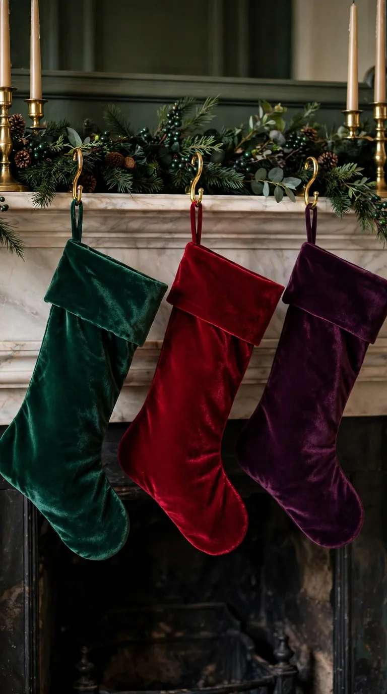 Luxurious velvet Christmas stockings in emerald, ruby, and plum hanging on an elegant mantel