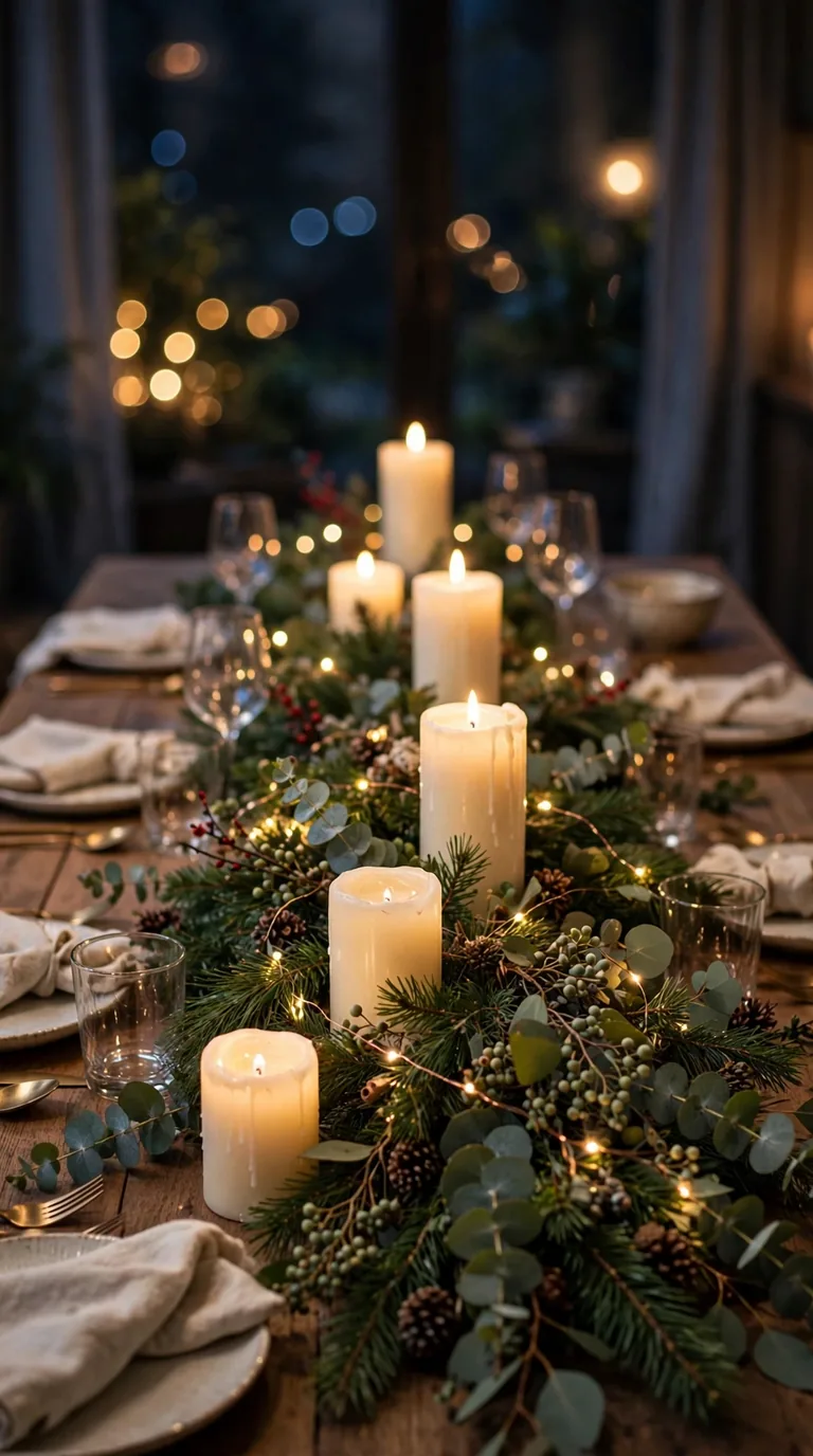 15 Christmas Dining Room Decor Ideas for Festive Gatherings Christmas dining table with lush pine garland centrepiece, pillar candles and fairy lights
