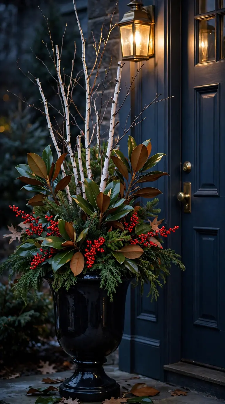 Elegant black urn Christmas planter with white birch branches, magnolia leaves and red winterberries