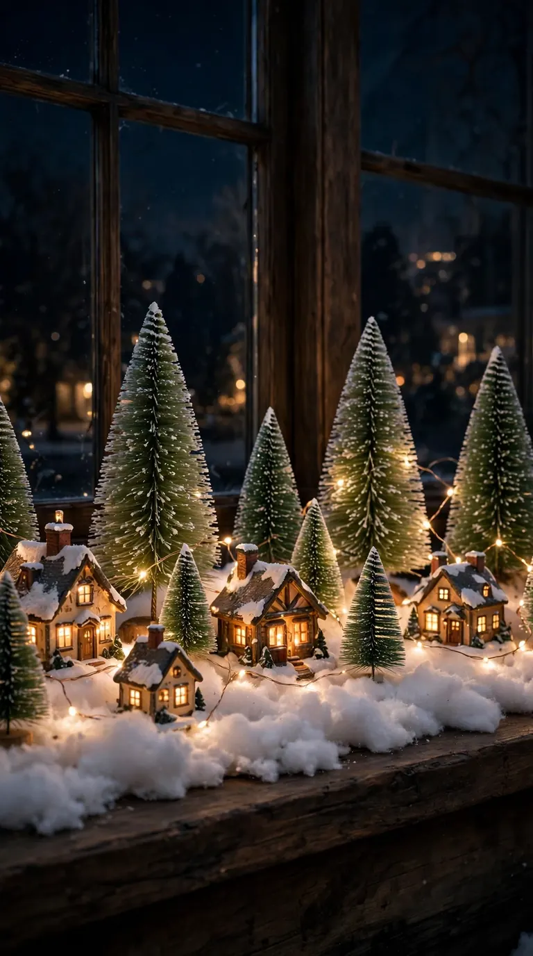 Miniature lit Christmas village with tiny houses and bottle brush trees on a deep windowsill at night