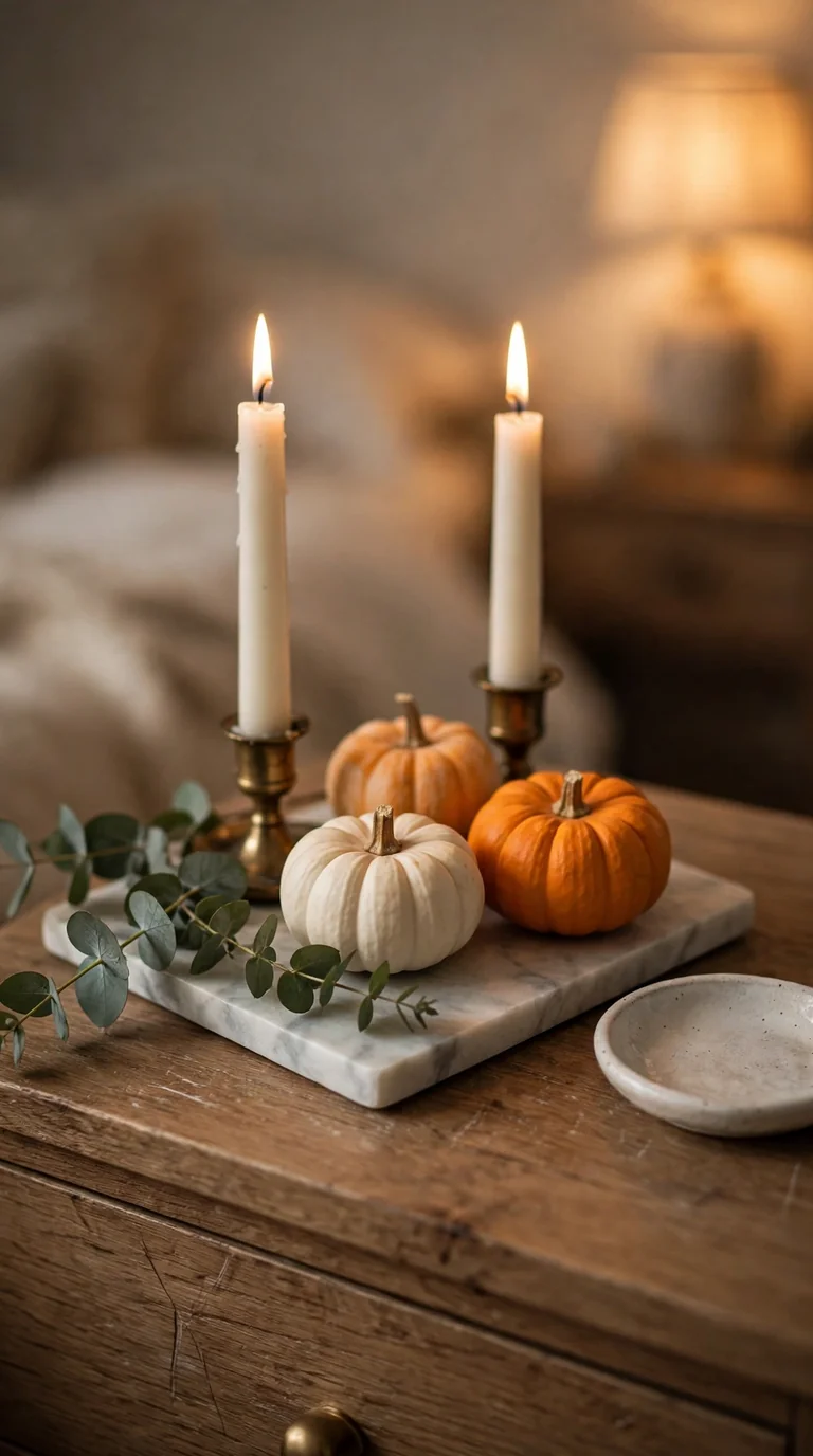 Nightstand styled as a mini harvest tablescape with taper candles and mini pumpkins