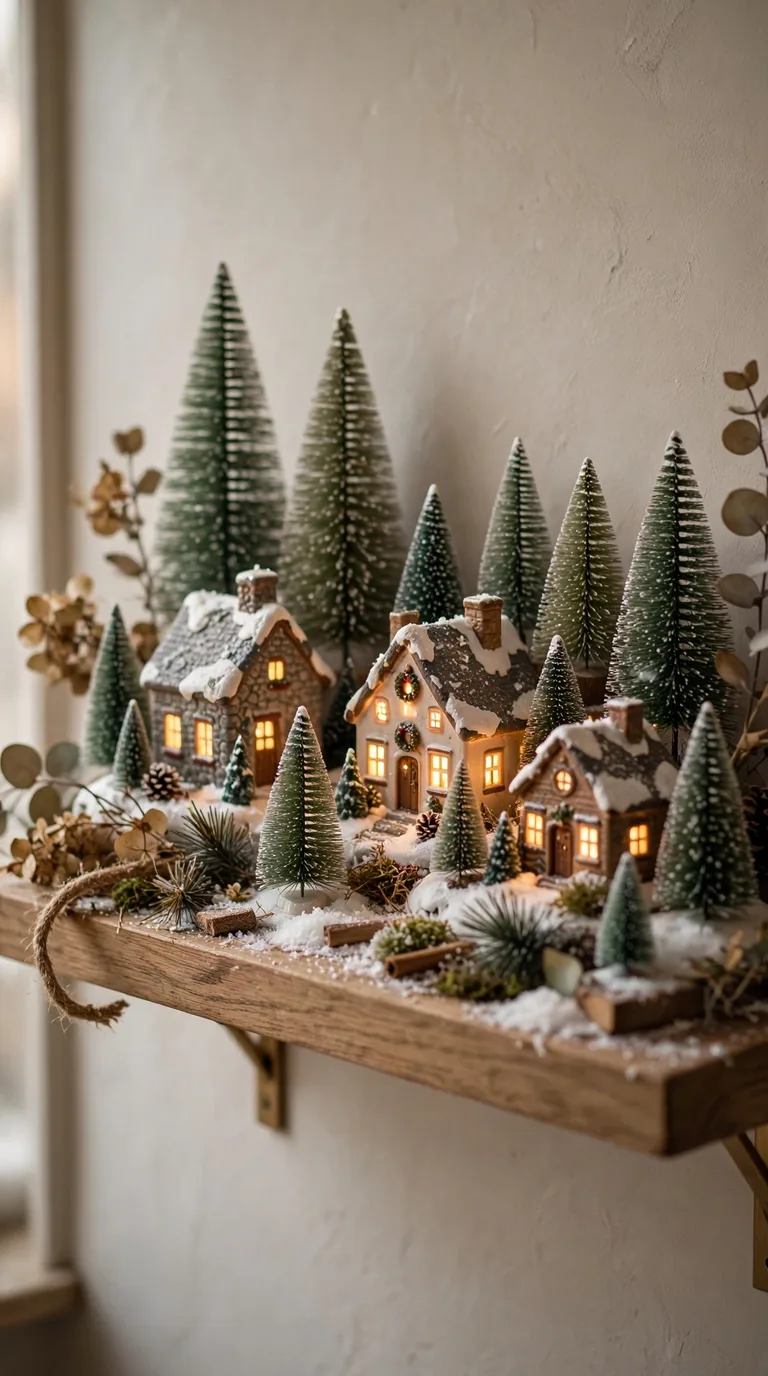 Miniature Christmas village scene on a shelf with tiny lit houses, bottle brush trees and faux snow