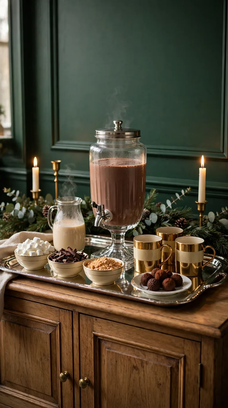 15 Christmas Hot Cocoa Bar Ideas for Cosy Gatherings Elegant dining room sideboard Christmas cocoa bar with mirrored tray and glass cocoa dispenser