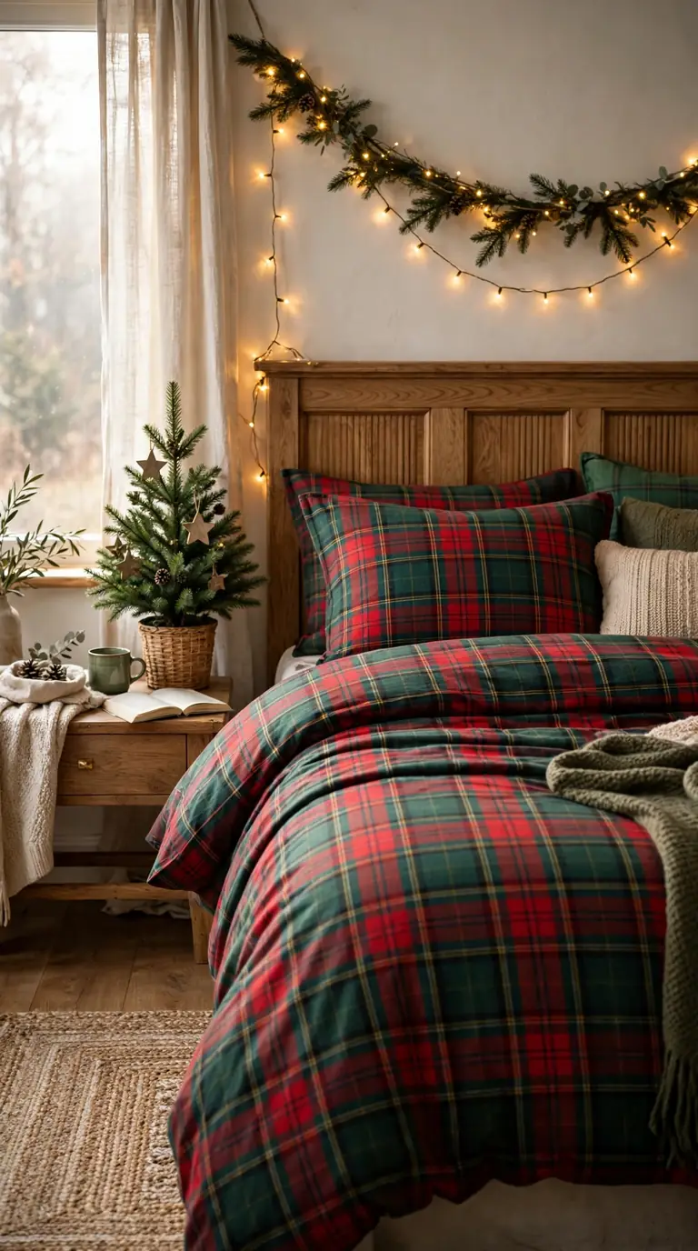Cosy Christmas bedroom with red and green flannel tartan bedding