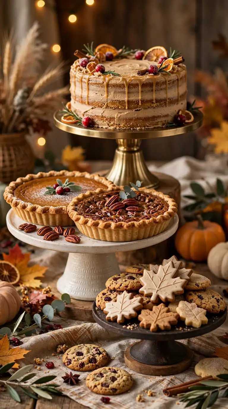 Tiered cake stands filled with Thanksgiving desserts at different heights