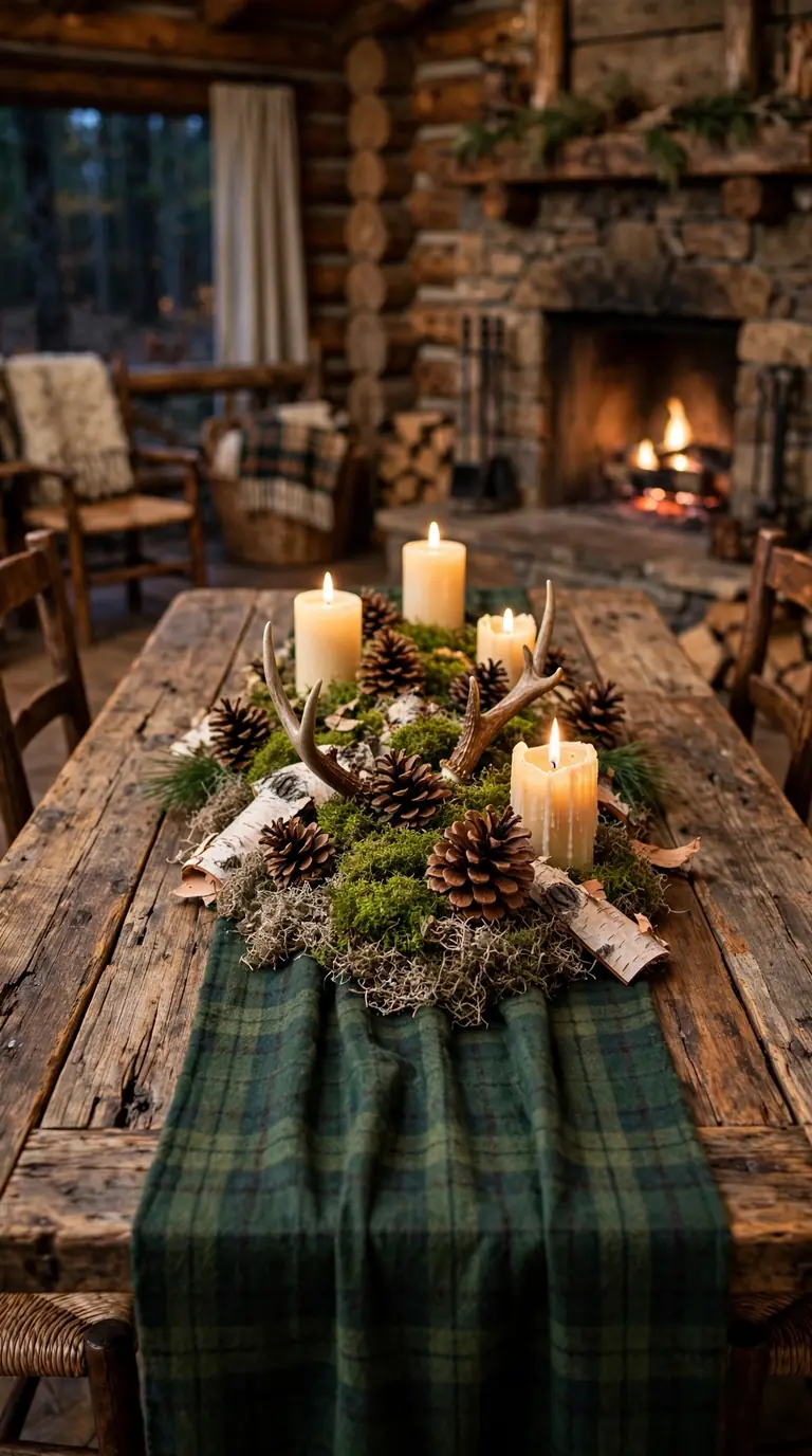 Woodland Thanksgiving table with pinecones, moss, antlers and a green plaid runner