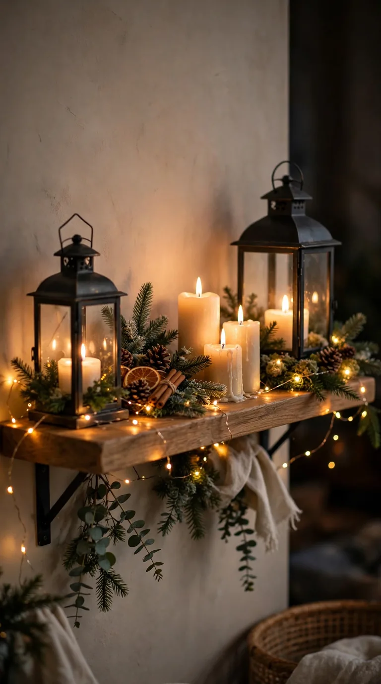 Cozy candlelit Christmas shelf with lanterns, pillar candles and warm fairy lights