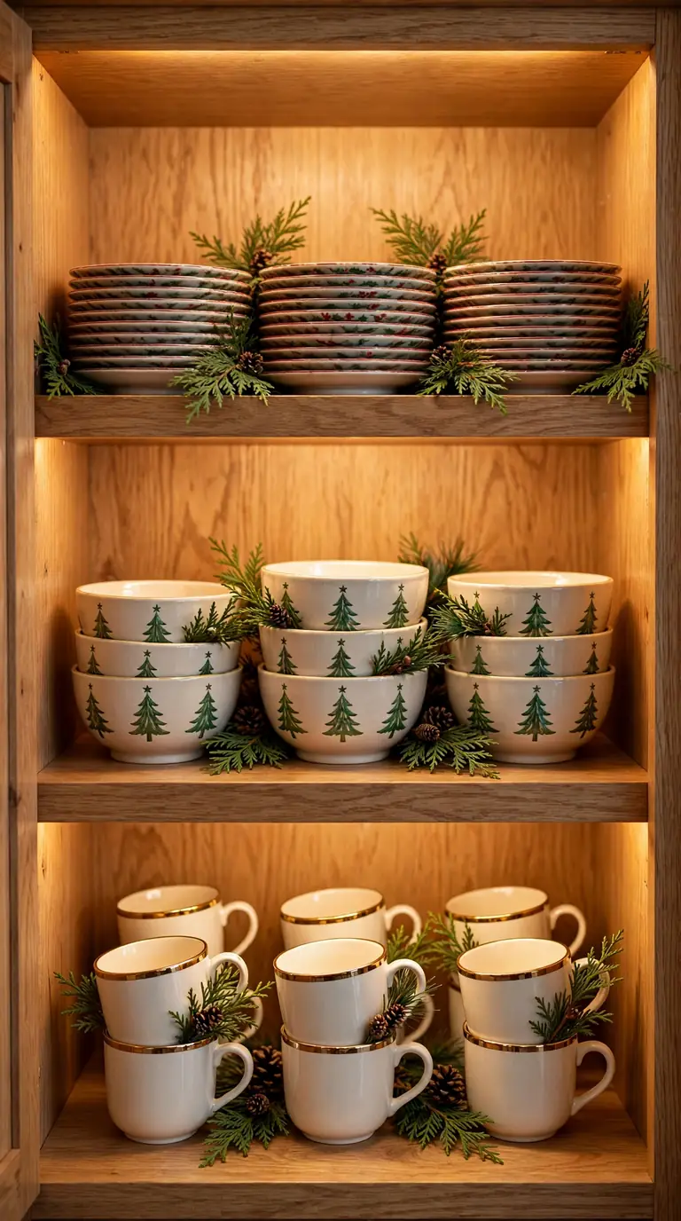 Open kitchen shelves with festive red and green Christmas dishware