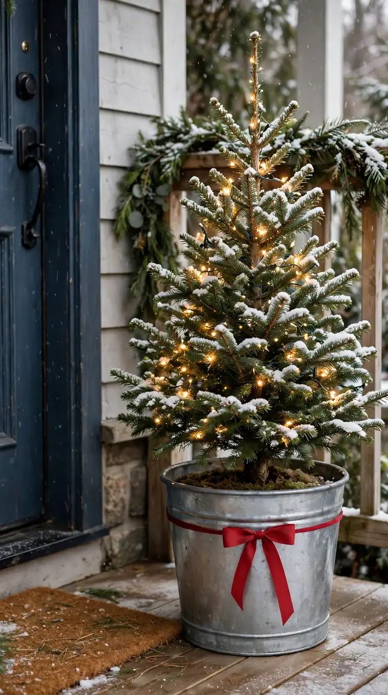 Small live potted Christmas tree wrapped in fairy lights with a red bow beside a front door