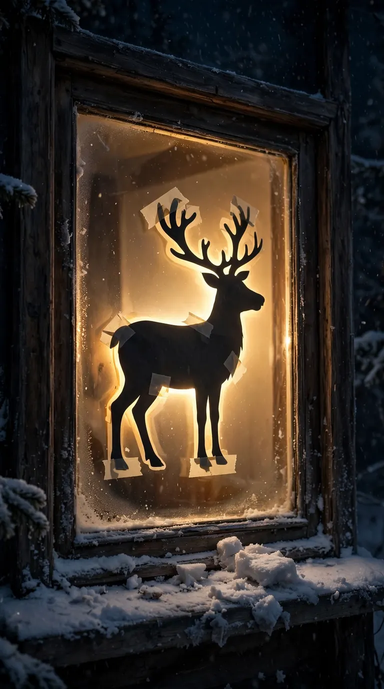 Glowing reindeer silhouette decoration shining on a dark window at night