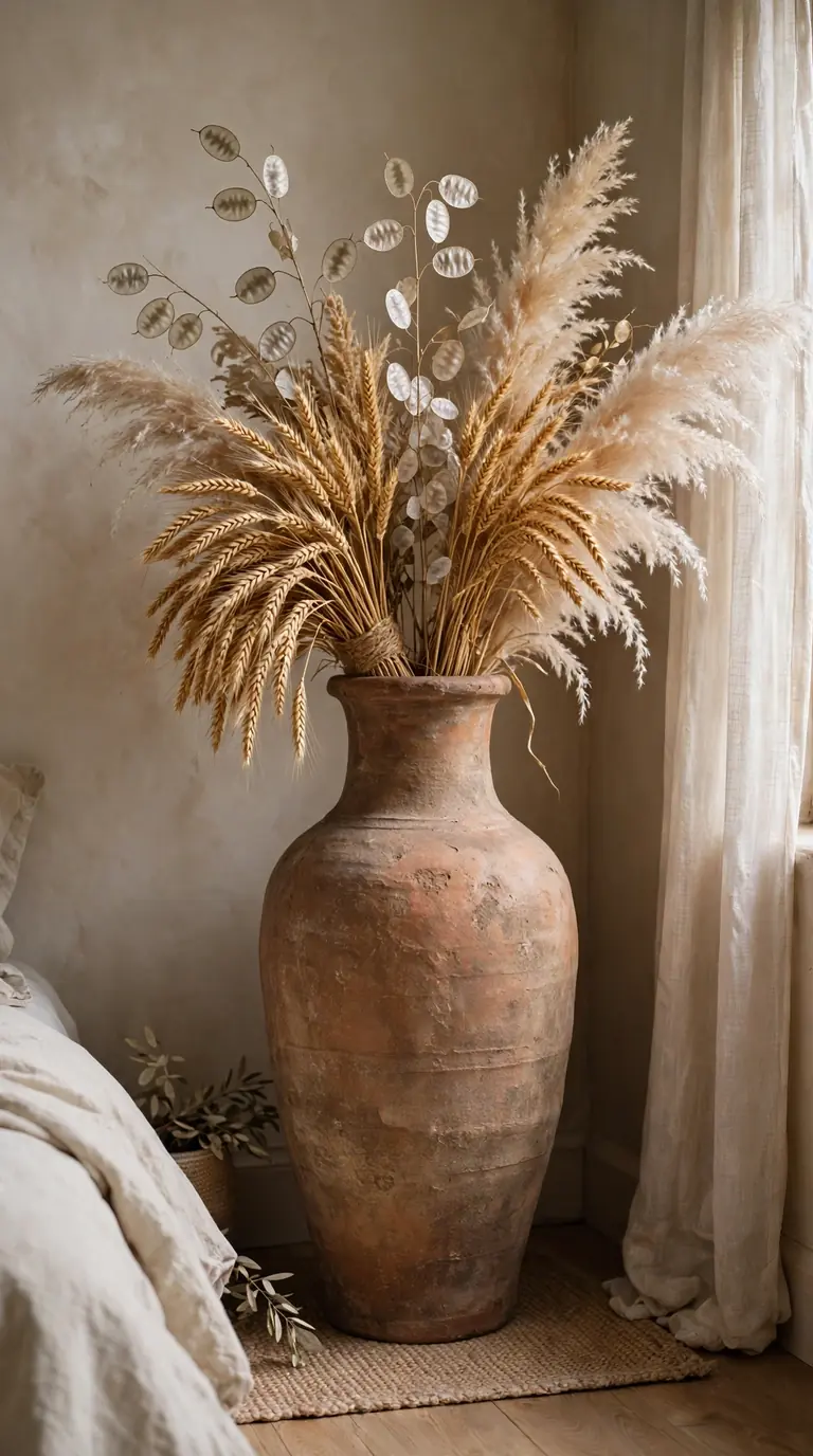 Tall ceramic vase with dried wheat bundles and pampas grass in a bedroom corner