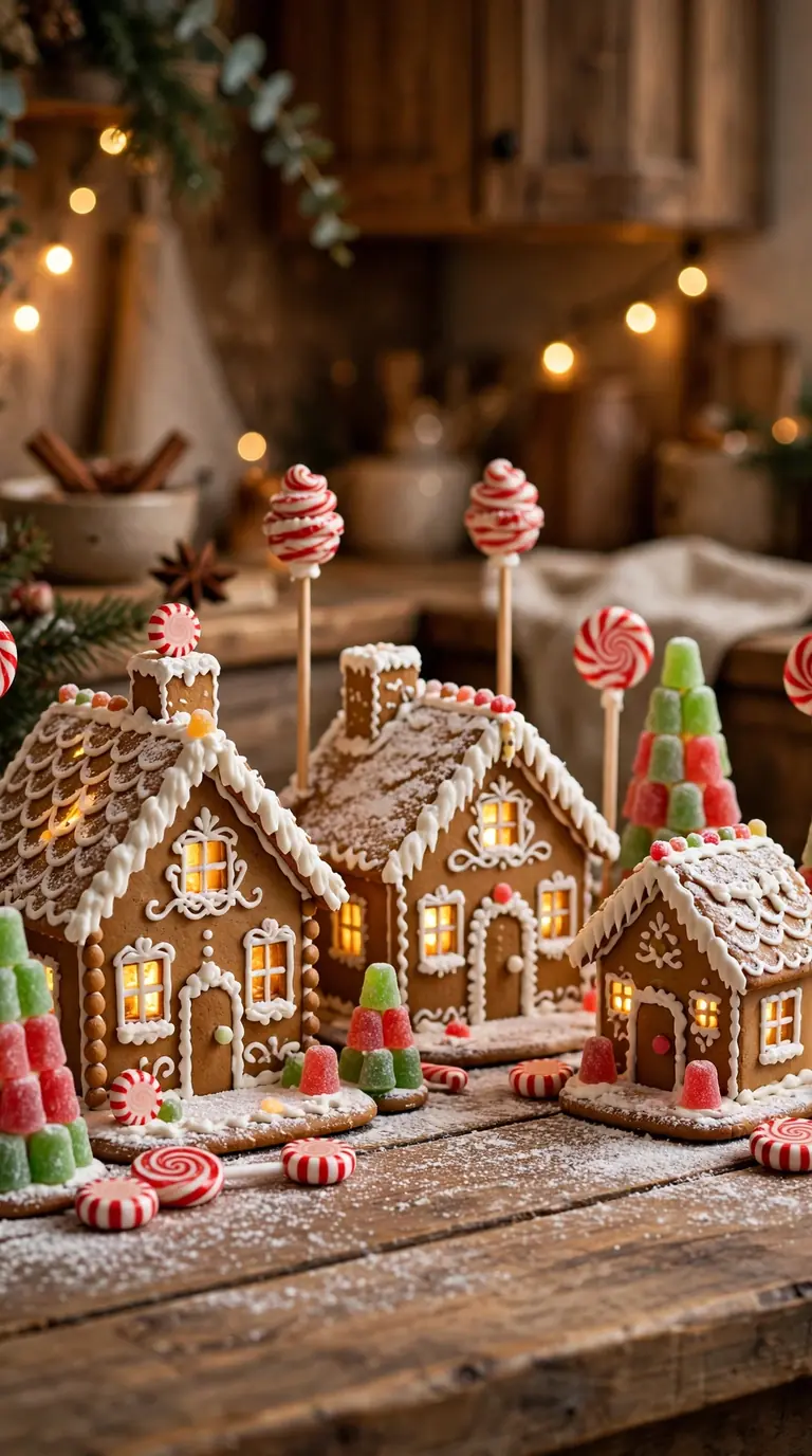 Gingerbread style Christmas village with candy decorations and warm lights on a wooden table