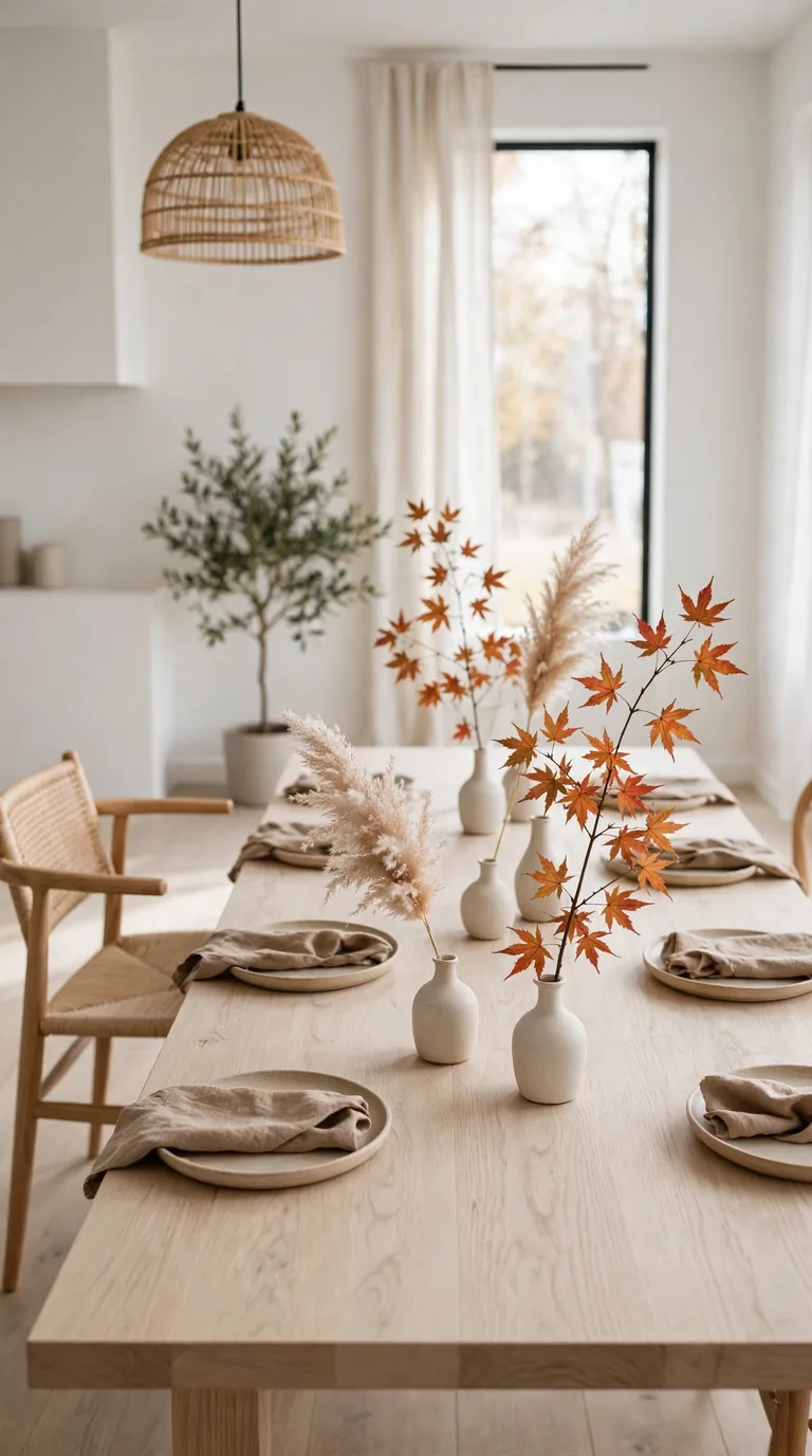 Modern minimalist Thanksgiving table with single stems of dried pampas and maple branches in bud vases