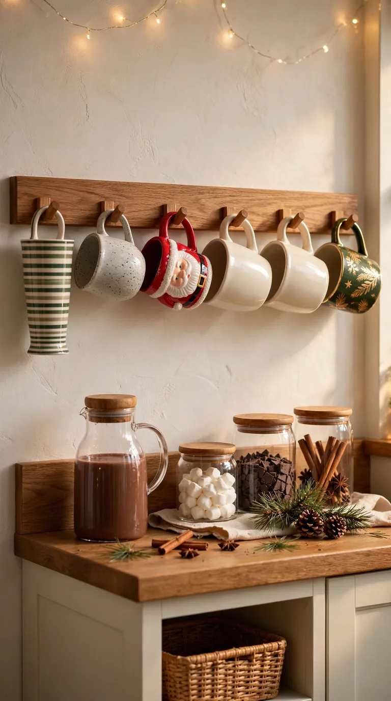 15 Christmas Hot Cocoa Bar Ideas for Cosy Gatherings Wall-mounted peg rail displaying festive Christmas mugs beside a hot cocoa bar