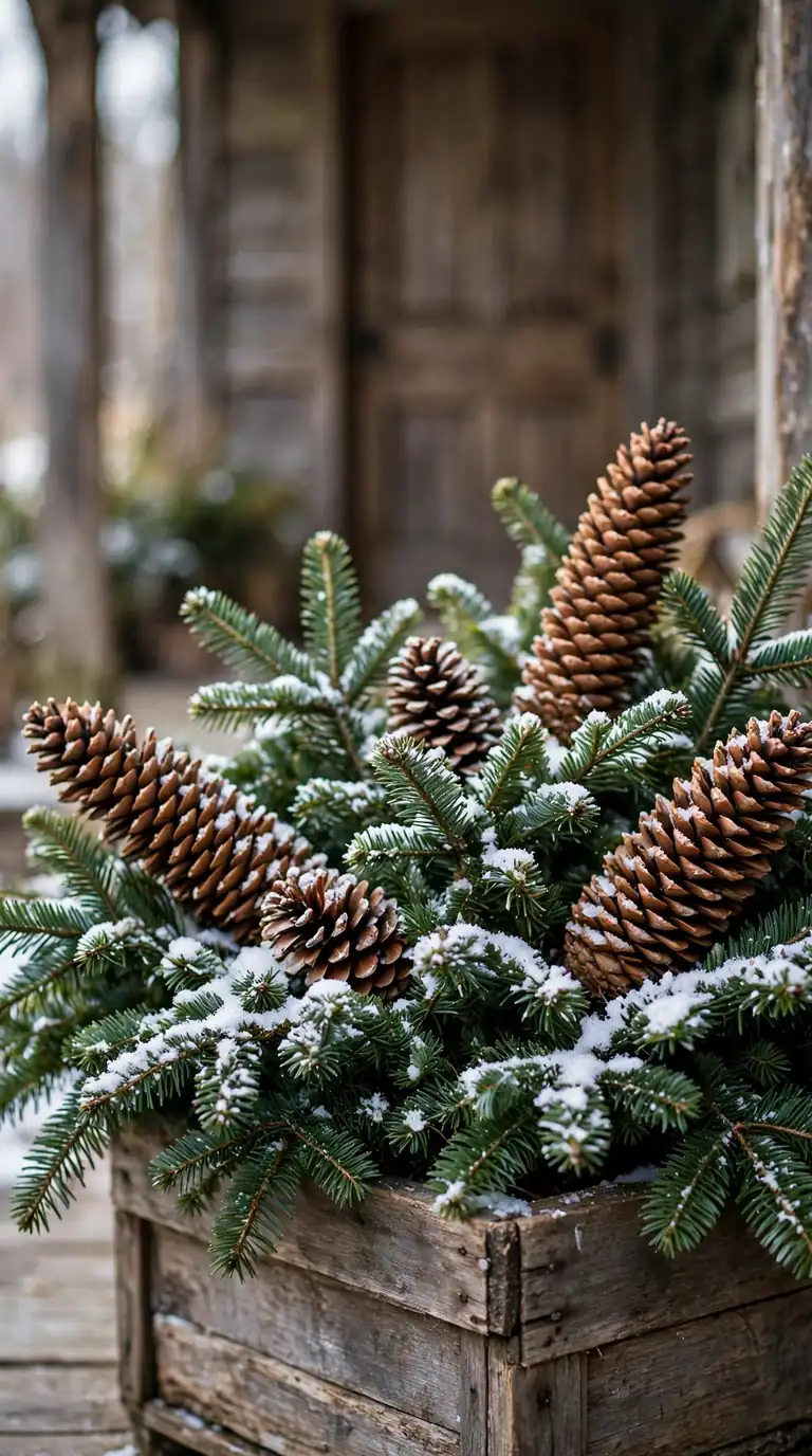 Rustic winter planter with noble fir boughs and oversized pinecones in a wooden pot