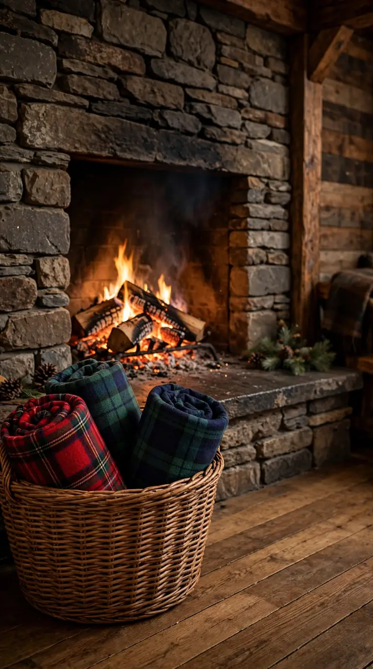 Woven basket of rolled tartan throw blankets beside a fireplace