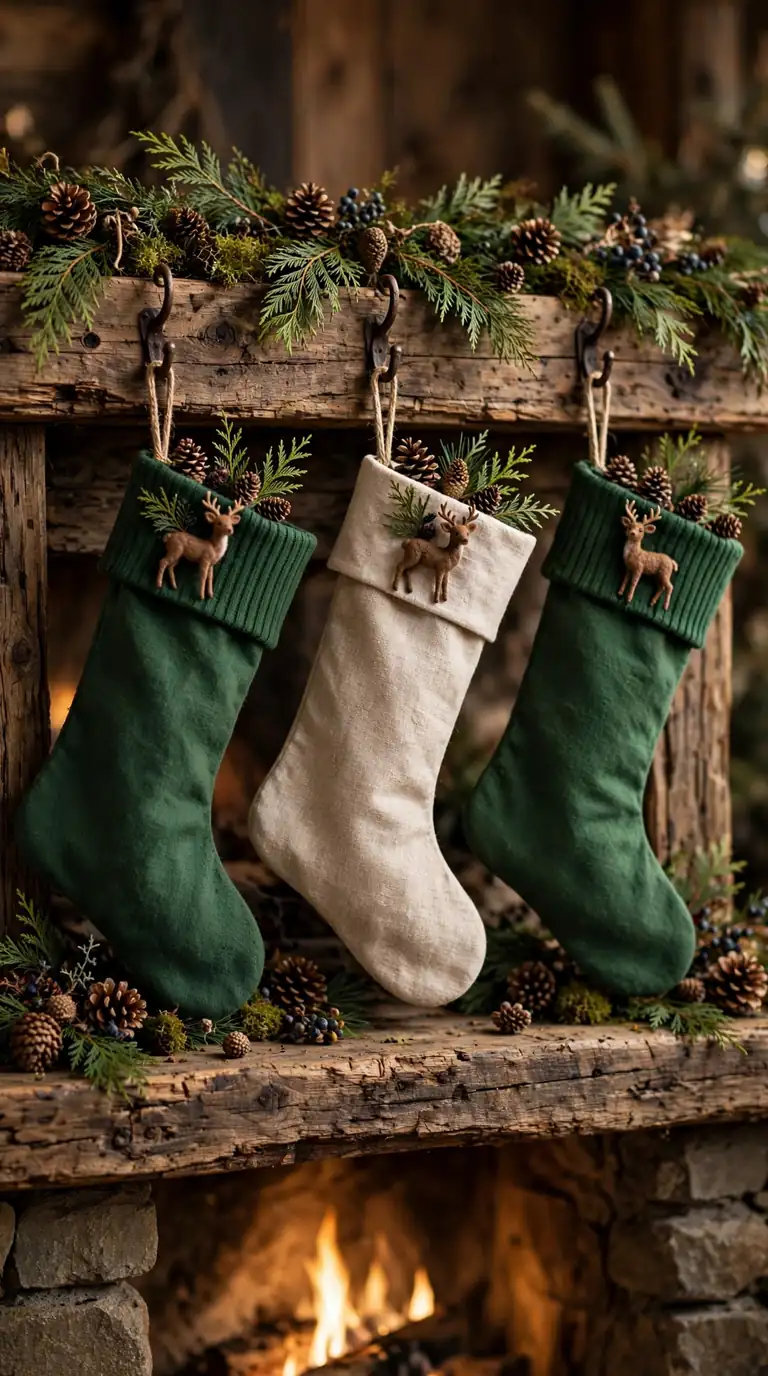 Woodland Christmas stockings with pinecones and felt deer decorations on a rustic mantel