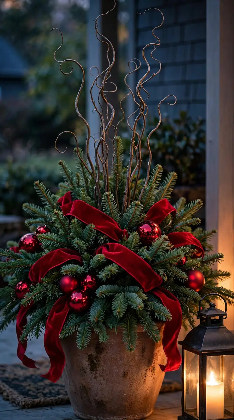Festive Christmas planter with red glass ornaments, velvet ribbon and curled willow twigs at dusk
