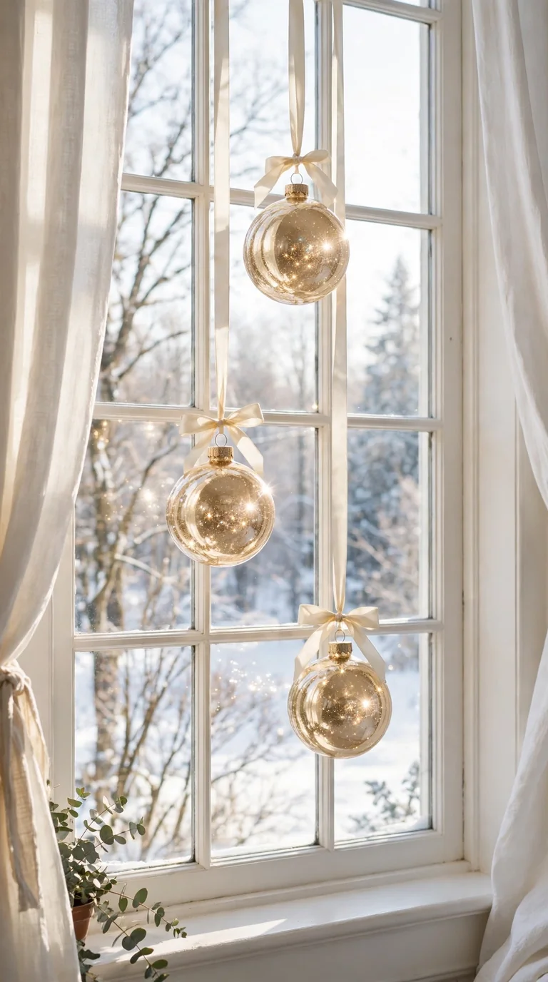 Glass Christmas ornaments hanging from ribbons at varying heights across a bright window