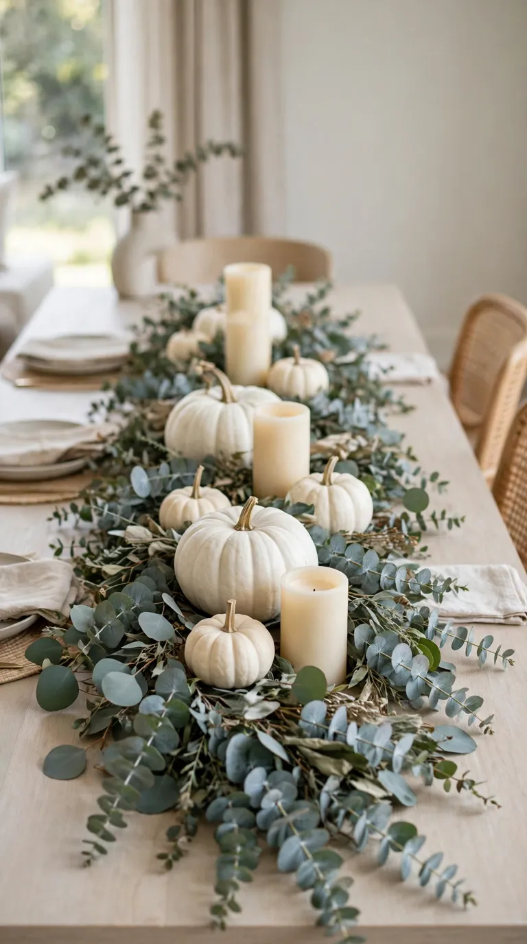 Eucalyptus and white pumpkin Thanksgiving centerpiece with soft greenery