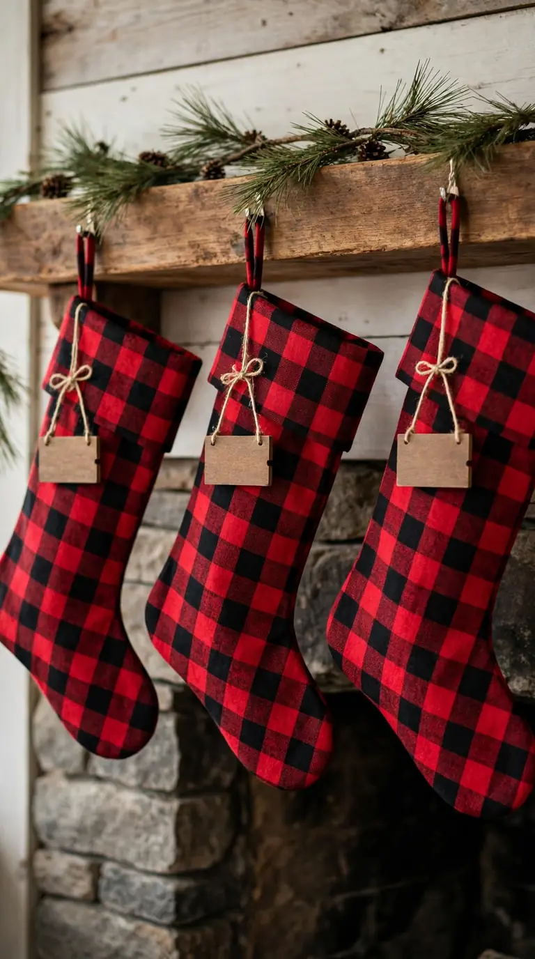 Farmhouse buffalo check Christmas stockings with wooden name tags hanging on a wooden mantel