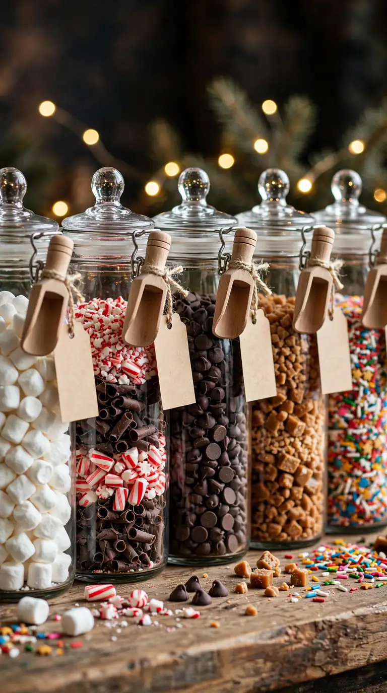 15 Christmas Hot Cocoa Bar Ideas for Cosy Gatherings Glass apothecary jars filled with layered Christmas cocoa toppings on a hot cocoa bar