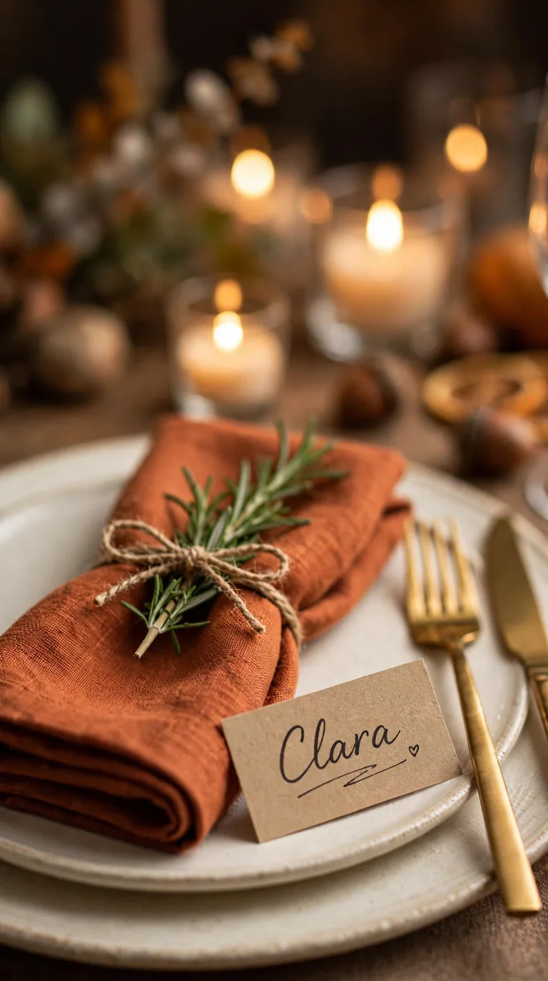 Layered Thanksgiving place setting with rust linen napkin, rosemary sprig and handwritten kraft name card