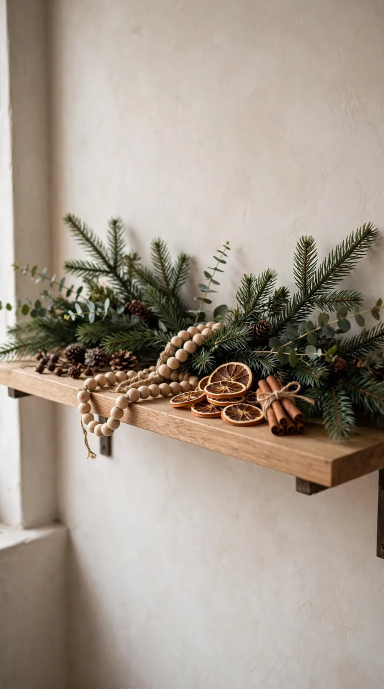 Natural Christmas shelf decor with fresh pine greenery, dried orange slices and cinnamon sticks