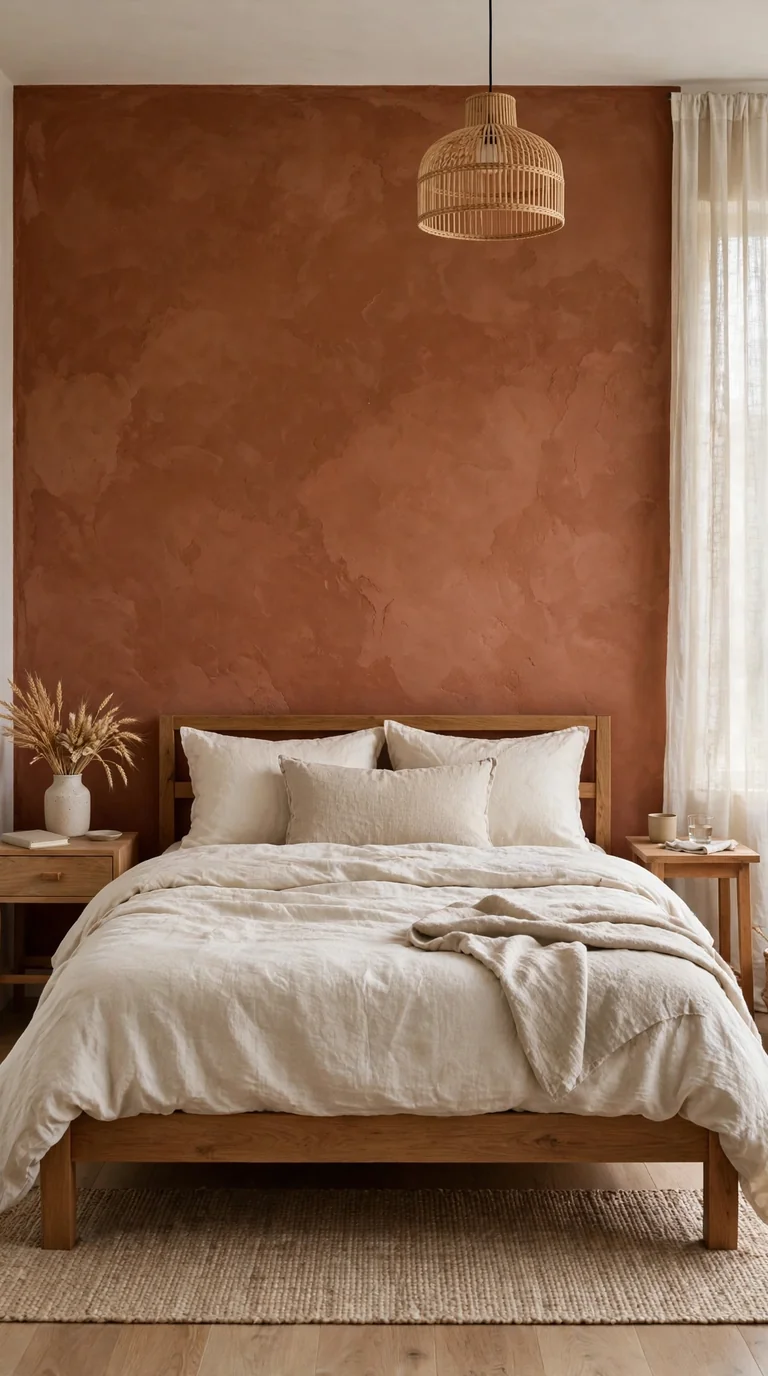 Bedroom with a terracotta accent wall behind the bed and cream bedding