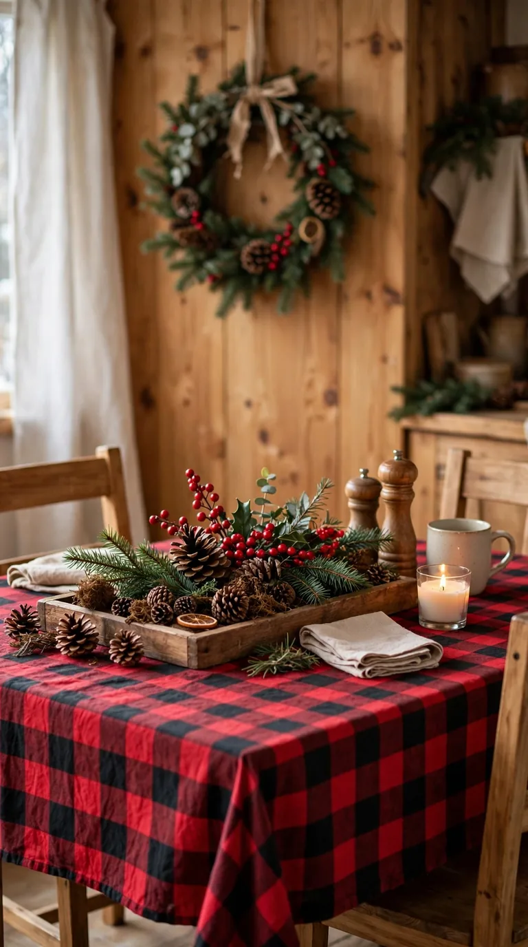 15 Christmas Dining Room Decor Ideas for Festive Gatherings Casual christmas dining room decor with buffalo check tablecloth and pinecone centrepiece