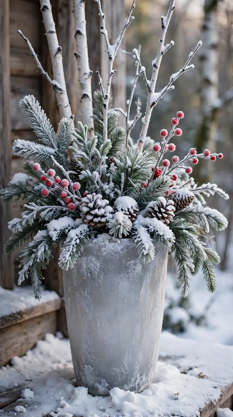 Frosted Christmas planter with snow-dusted birch branches, pine boughs and frosted red berries