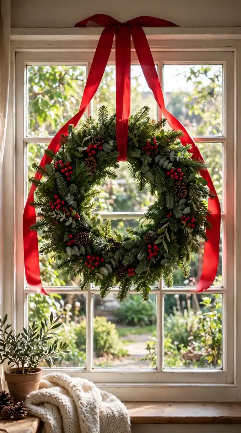 Christmas wreath hanging on the inside of a window with red ribbon over the frame