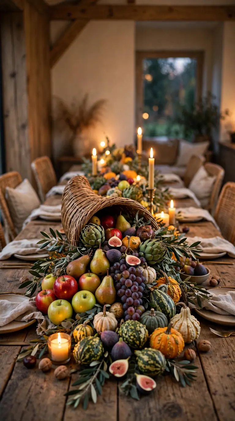 Cornucopia-style Thanksgiving centrepiece overflowing with apples, pears, grapes and gourds