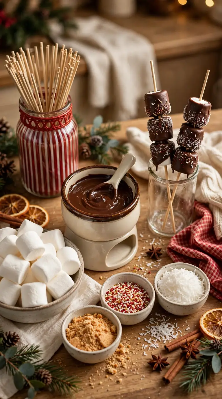 15 Christmas Hot Cocoa Bar Ideas for Cosy Gatherings Marshmallow skewer station with jumbo marshmallows, chocolate dipping pot and toppings
