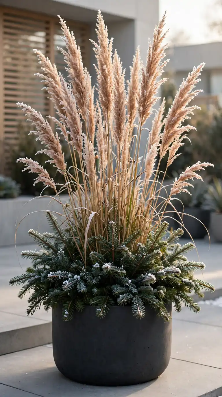 Modern winter planter with ornamental grass plumes rising from a base of fir boughs in a concrete pot