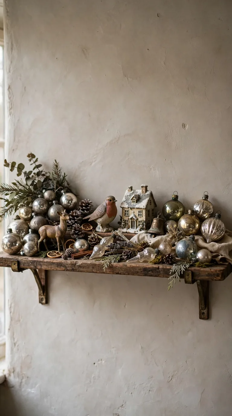 Vintage nostalgic Christmas shelf with old glass ornaments, antique figurines and mercury glass