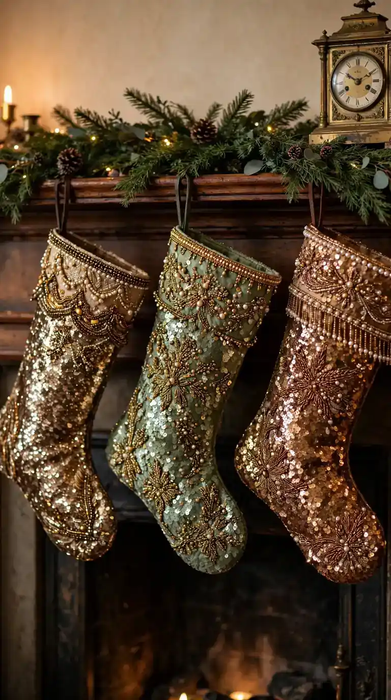 Vintage-inspired sequin and beaded Christmas stockings sparkling on a classic fireplace mantel