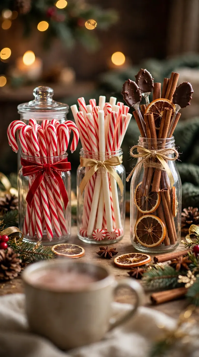 15 Christmas Hot Cocoa Bar Ideas for Cosy Gatherings Candy cane stirrer station with jars of peppermint sticks, cinnamon sticks and chocolate spoons