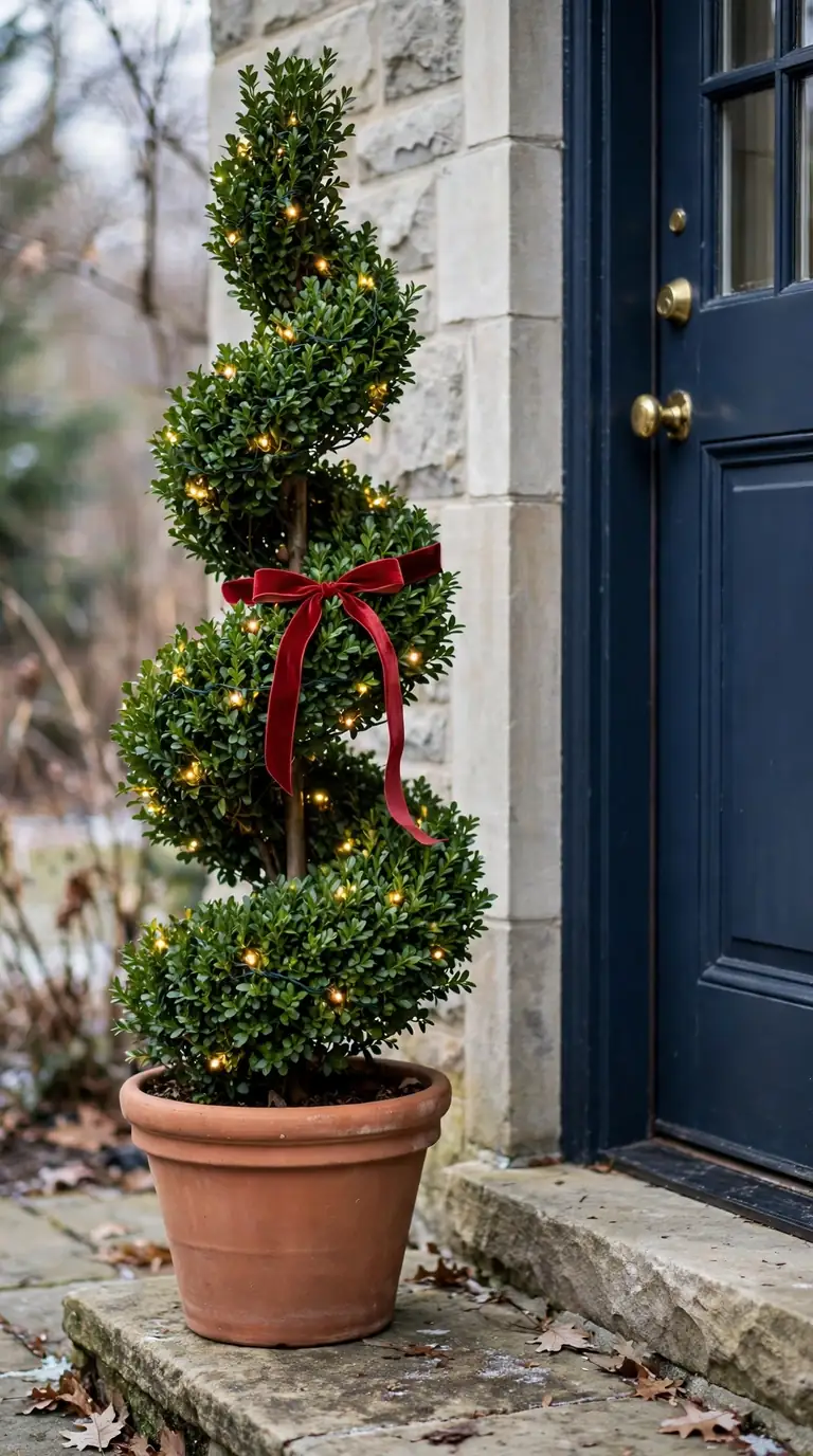 Boxwood spiral topiary in a terracotta planter with a red velvet bow and fairy lights