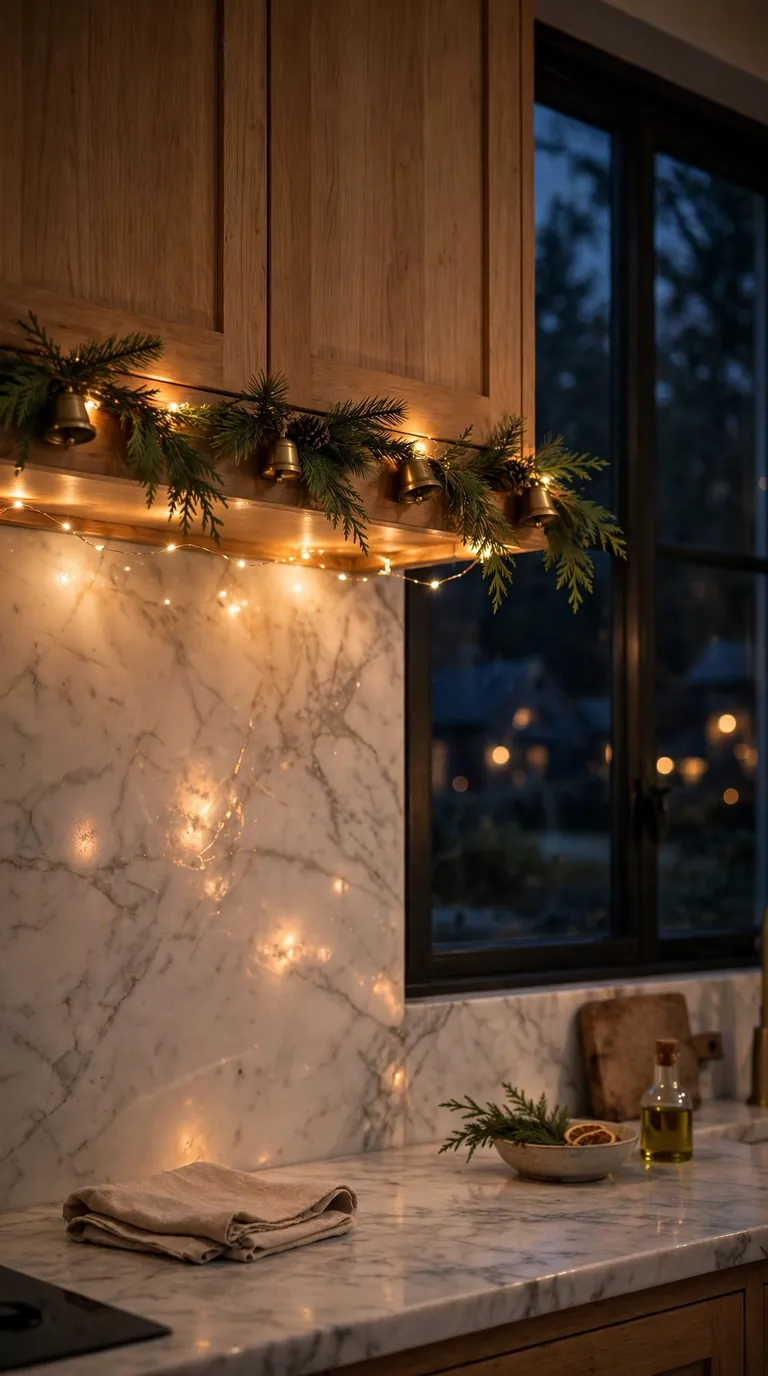 Warm fairy lights glowing under kitchen wall cabinets at dusk