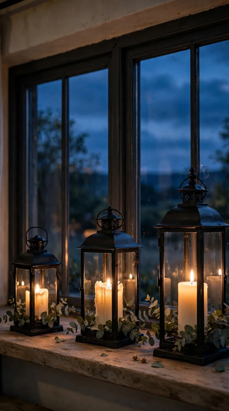 Three black lanterns with glowing candles arranged on a wide windowsill in the evening
