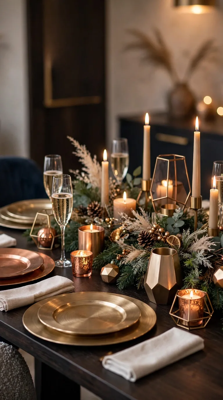 15 Christmas Dining Room Decor Ideas for Festive Gatherings Modern christmas tablescape mixing champagne, copper and brass metallics