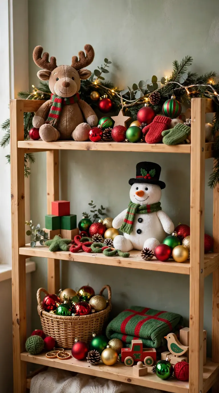 Playful kids Christmas shelf with plush reindeer toys, snowman figures and bright colorful ornaments