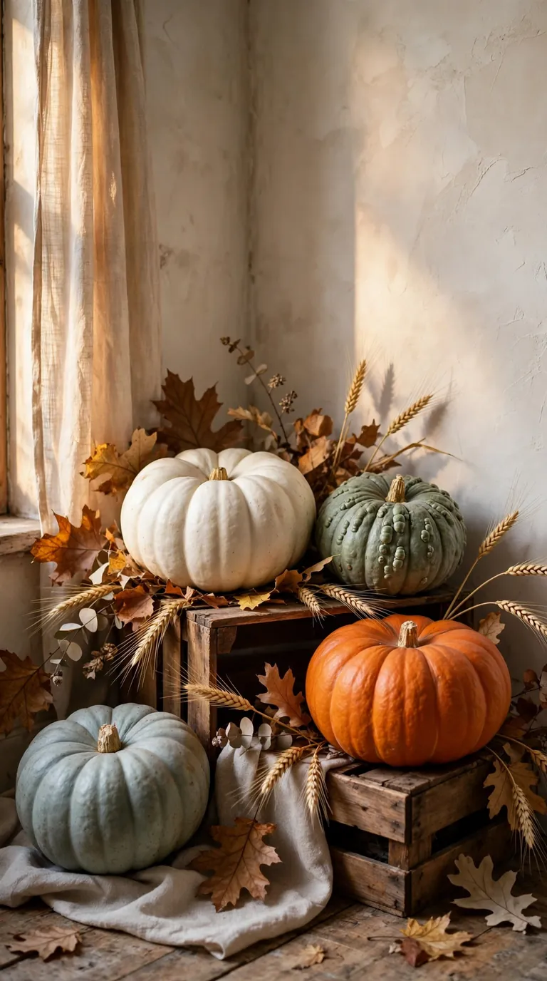 Corner display of heirloom pumpkins and gourds in mixed colours on a wooden crate
