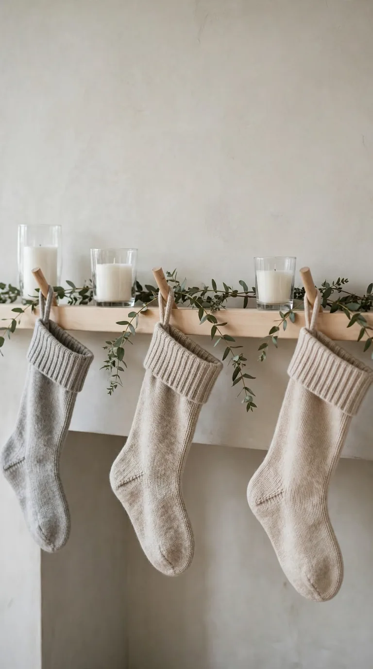 Minimal Scandinavian Christmas stockings in soft neutral tones hanging on a light mantel with eucalyptus garland