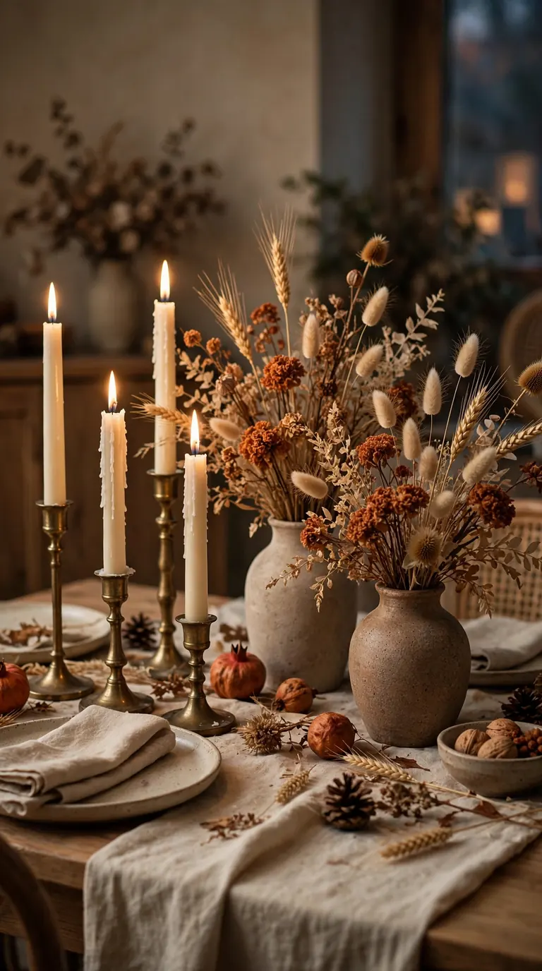 Thanksgiving table with tall ivory taper candles in brass holders and dried floral arrangements