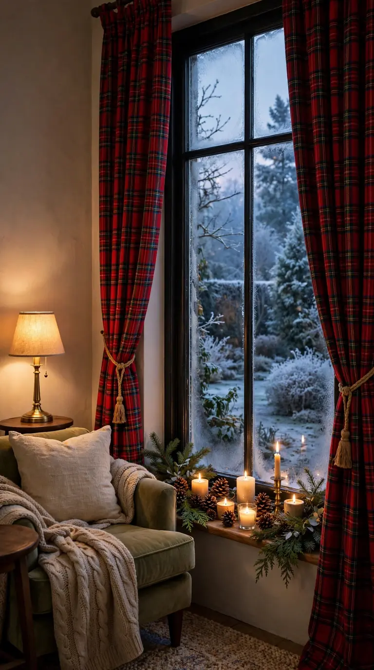Tall window dressed with red tartan curtains and a candlelit windowsill