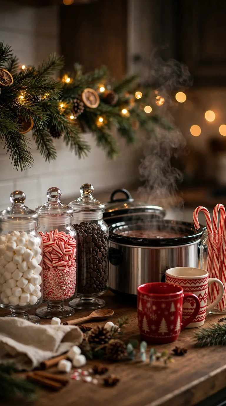Festive Christmas hot cocoa bar with glass topping jars, steaming mugs and fairy lights on a kitchen counter