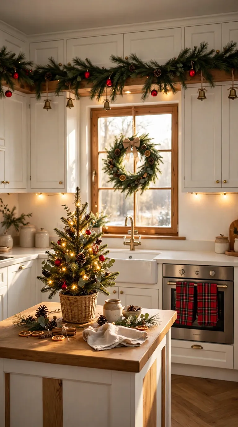 Cozy Christmas kitchen decor with garland shelves, lit tree on island and wreath on window