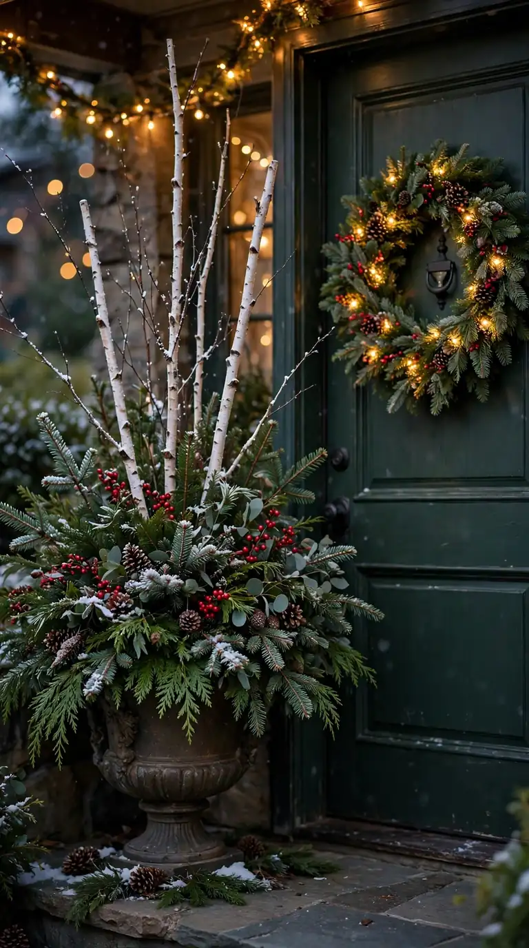 Christmas planter urn overflowing with evergreens, birch branches and red berries beside a glowing front porch at dusk